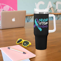 Suicide Prevention Awareness Tumbler With Handle Teal Purple Ribbon Semicolon Never Stop Fighting Support Therapist Psychologist - Wonder Print Shop