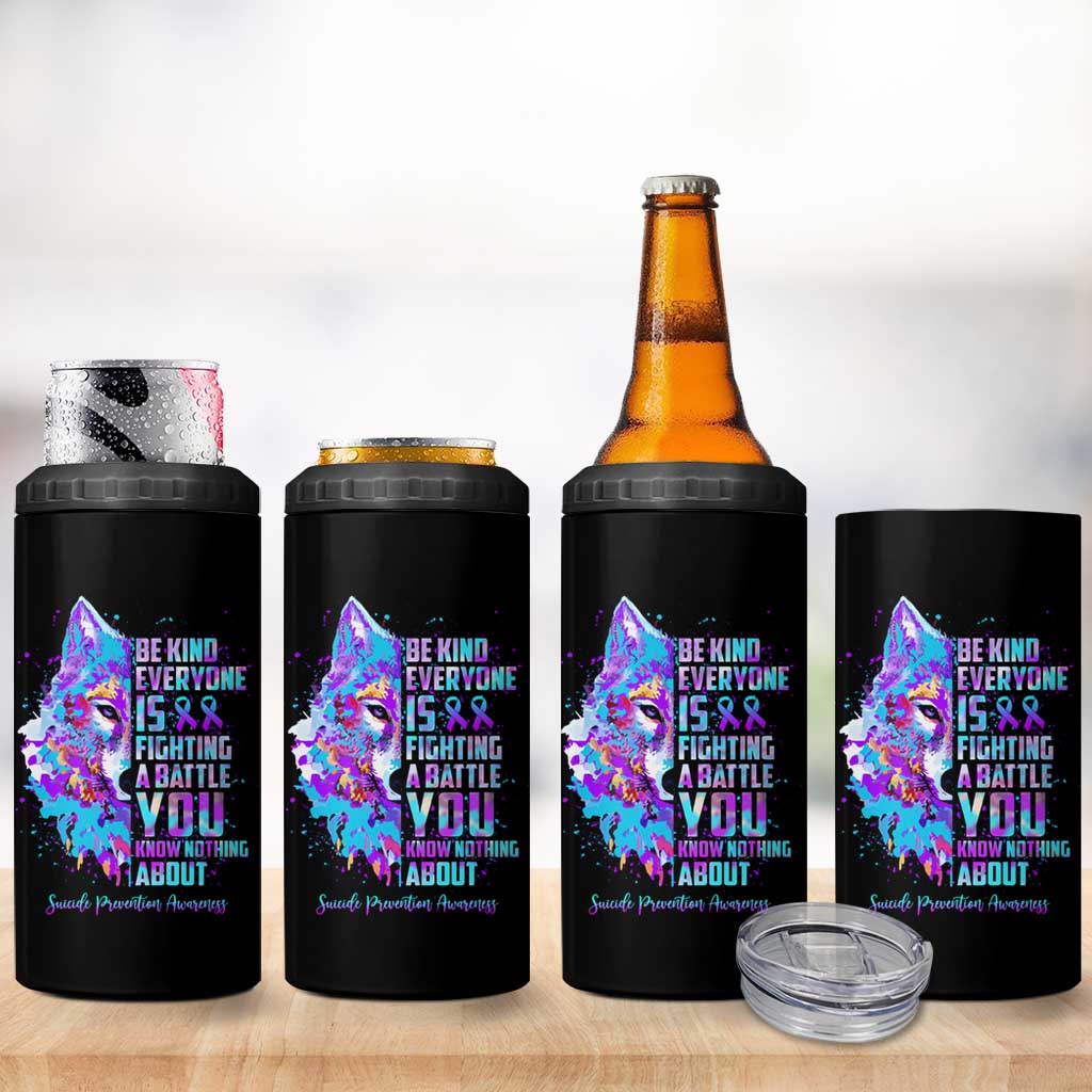 Suicide Prevention Awareness 4 in 1 Can Cooler Tumbler Teal Purple Ribbon Wolf Be Kind Everyone Is Fighting A Battle You Know Nothing About - Wonder Print Shop