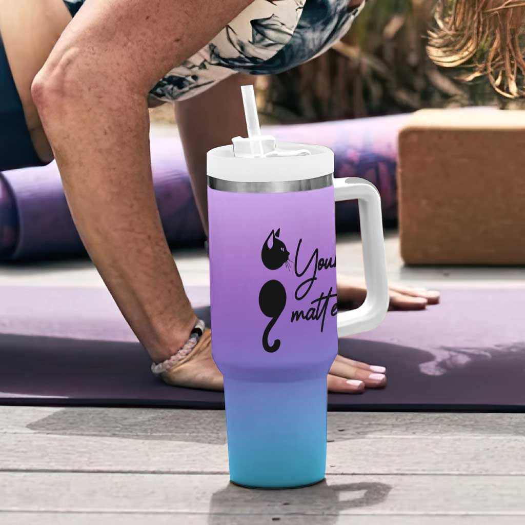 Suicide Prevention Awareness Tumbler With Handle Teal Purple Semicolon Cat Your Matter Therapist Psychologist - Wonder Print Shop
