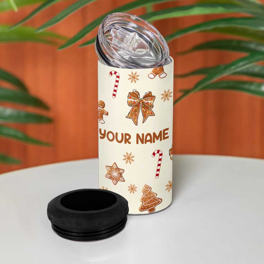 Personalized Christmas 4 in 1 Can Cooler Tumbler Custom Name Coquette Bow Tree Gingerbread Xmas Gifts For Her - Wonder Print Shop