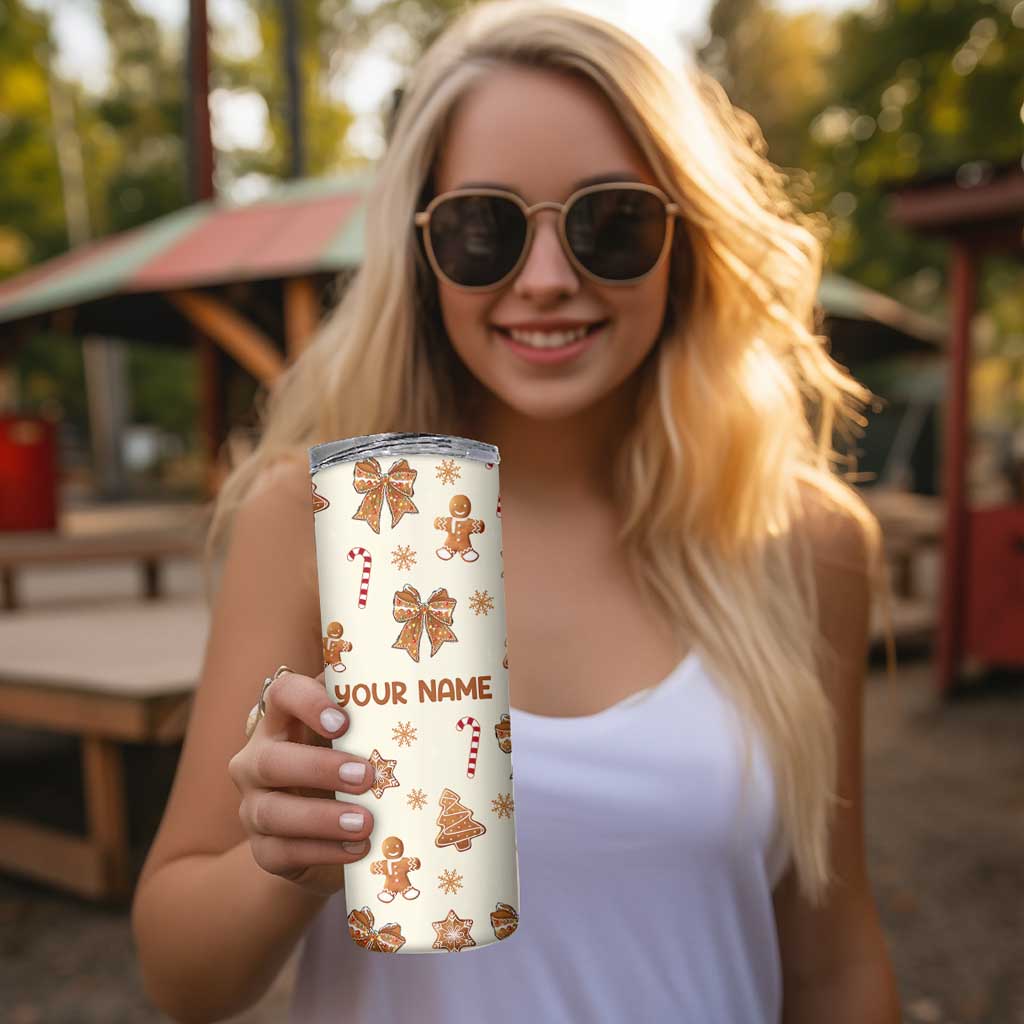 Personalized Christmas Skinny Tumbler Custom Name Coquette Bow Tree Gingerbread Xmas Gifts For Her - Wonder Print Shop