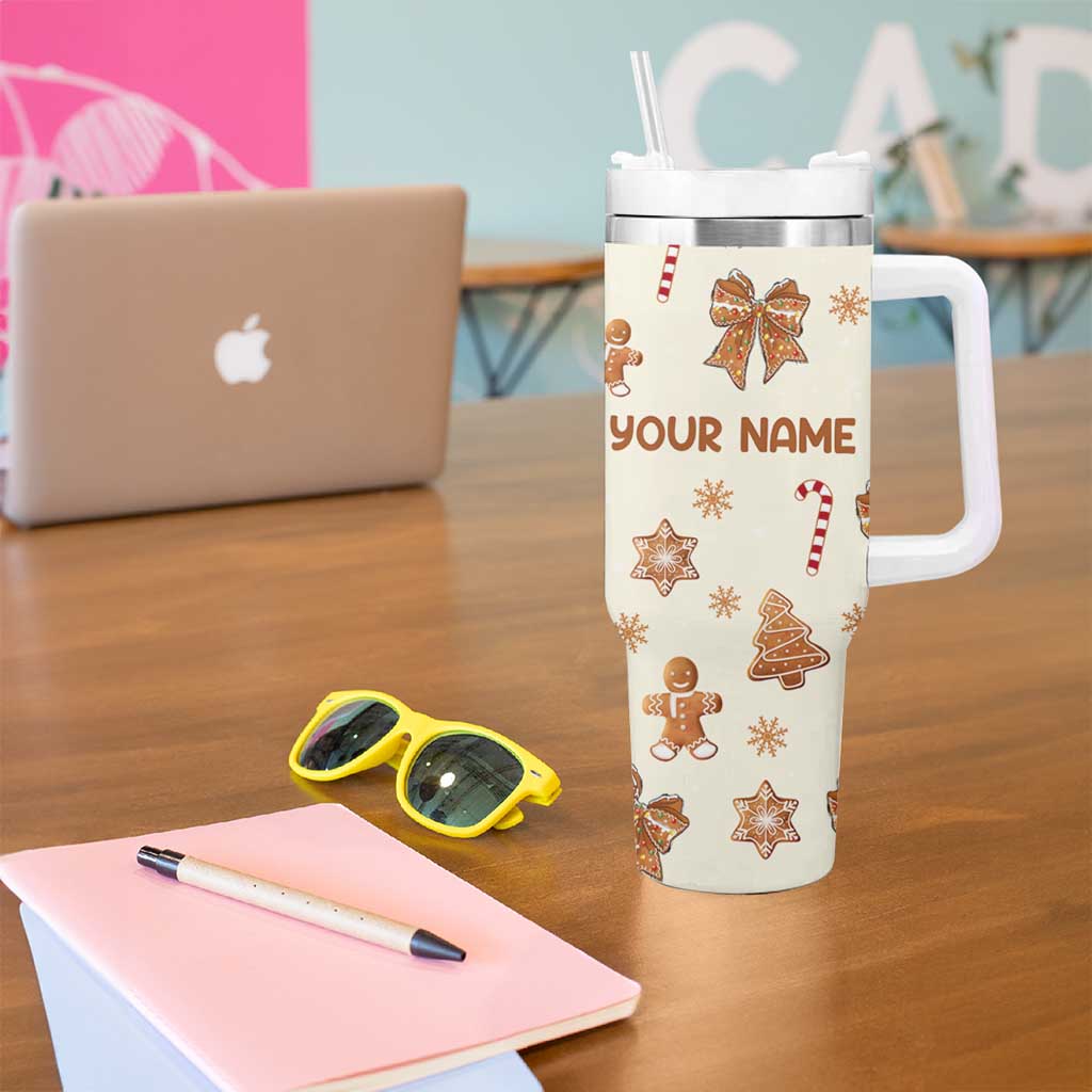 Personalized Christmas Tumbler With Handle Custom Name Coquette Bow Tree Gingerbread Xmas Gifts For Her - Wonder Print Shop
