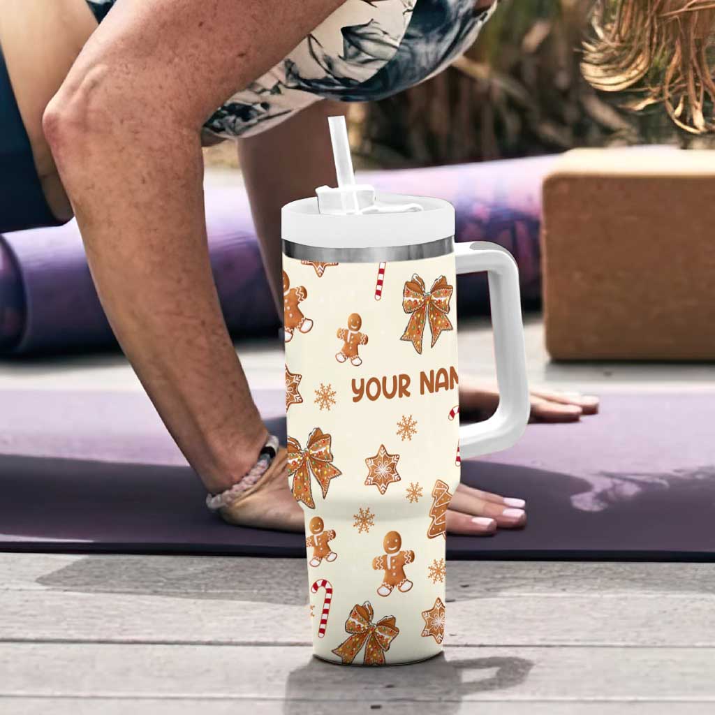 Personalized Christmas Tumbler With Handle Custom Name Coquette Bow Tree Gingerbread Xmas Gifts For Her - Wonder Print Shop