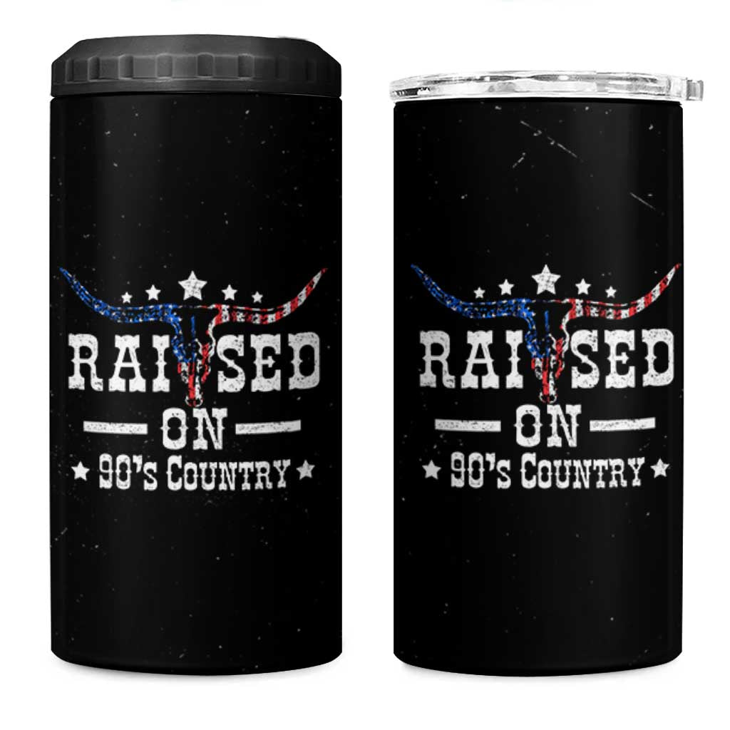 Raised On 90s Country 4 in 1 Can Cooler Tumbler Vintage Western Bull Skull Cowboy American Flag