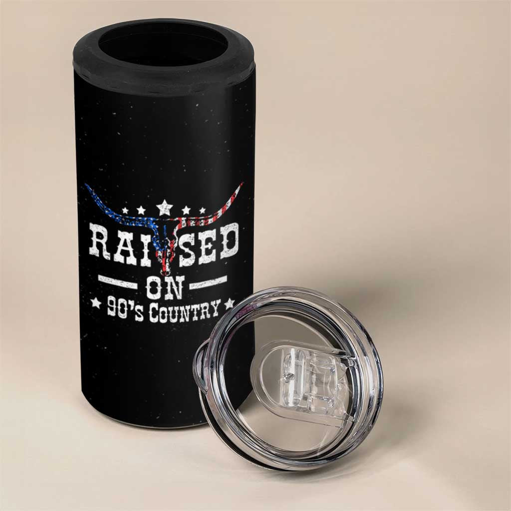 Raised On 90s Country 4 in 1 Can Cooler Tumbler Vintage Western Bull Skull Cowboy American Flag