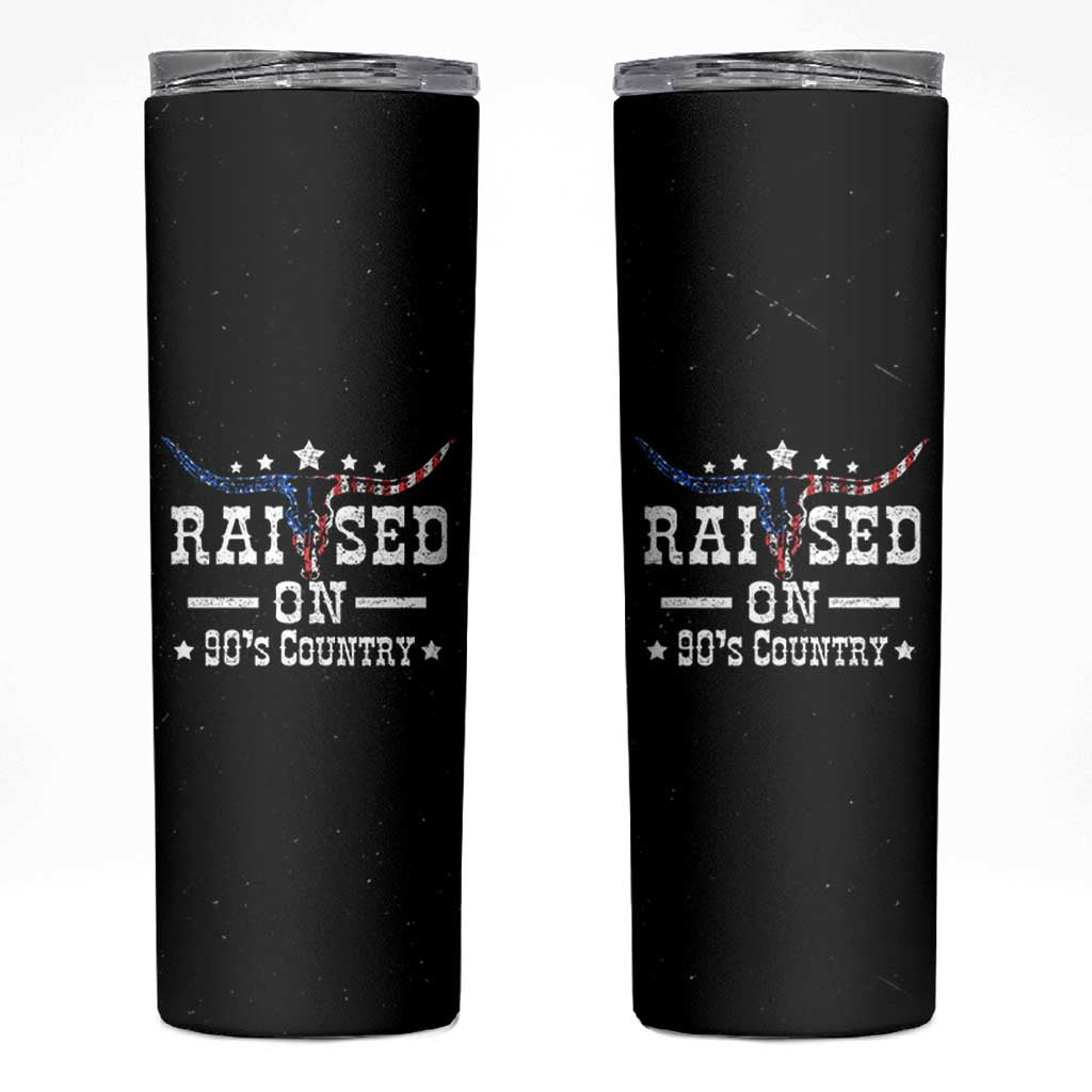 Raised On 90s Country Skinny Tumbler Vintage Western Bull Skull Cowboy American Flag