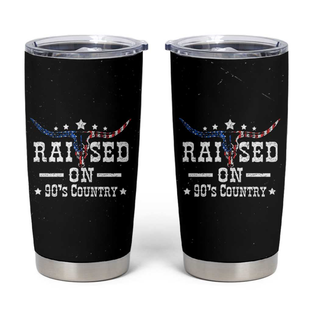 Raised On 90s Country Tumbler Cup Vintage Western Bull Skull Cowboy American Flag