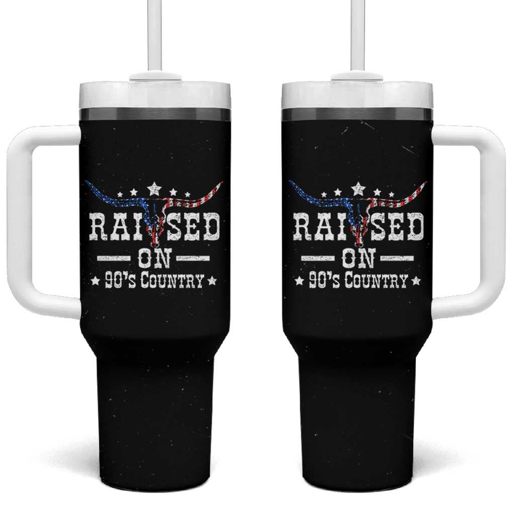 Raised On 90s Country Tumbler With Handle Vintage Western Bull Skull Cowboy American Flag