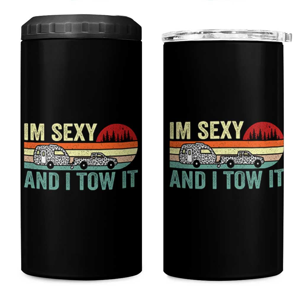 Funny Camping RV 4 in 1 Can Cooler Tumbler Im Sexy And I Tow It Vintage Camper Truck Leopard