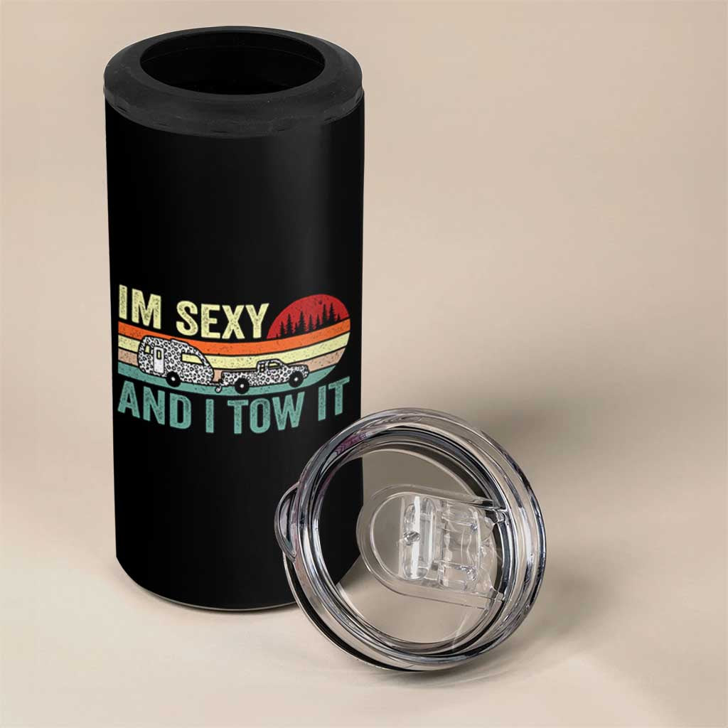 Funny Camping RV 4 in 1 Can Cooler Tumbler Im Sexy And I Tow It Vintage Camper Truck Leopard