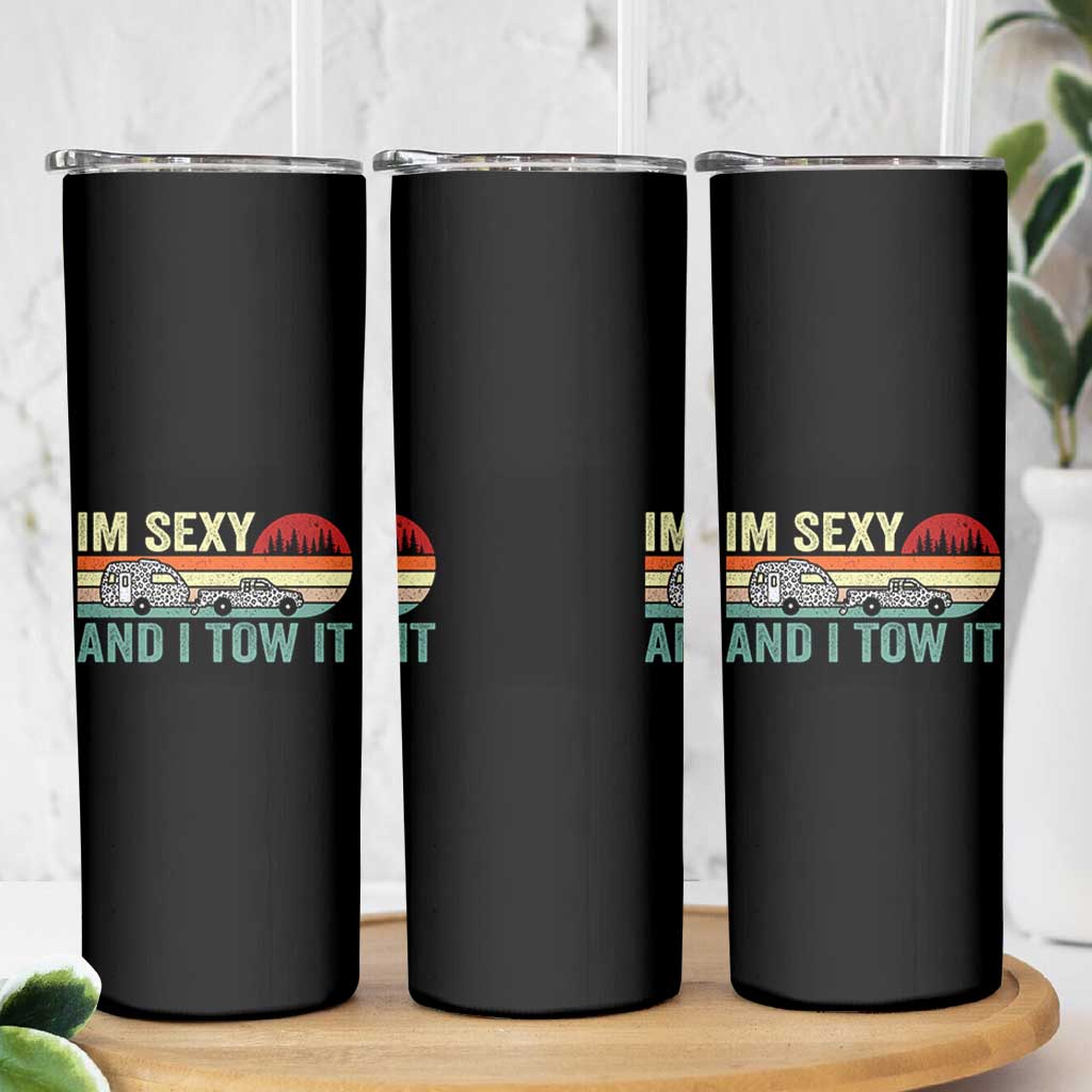 Funny Camping RV Skinny Tumbler Im Sexy And I Tow It Vintage Camper Truck Leopard