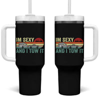 Funny Camping RV Tumbler With Handle Im Sexy And I Tow It Vintage Camper Truck Leopard