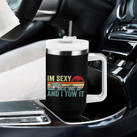 Funny Camping RV Tumbler With Handle Im Sexy And I Tow It Vintage Camper Truck Leopard