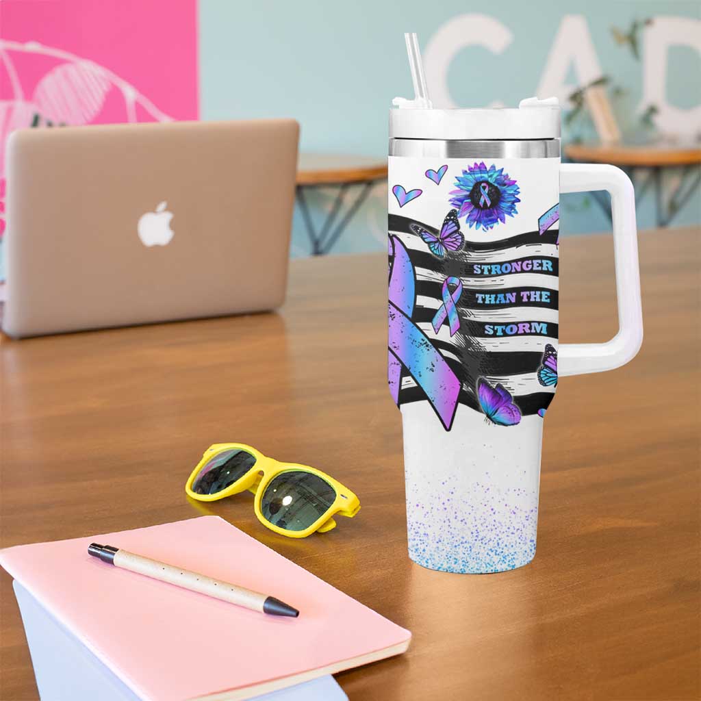 Suicide Prevention Awareness Tumbler With Handle Teal Purple Ribbon Warrior Support USA Flag - Wonder Print Shop