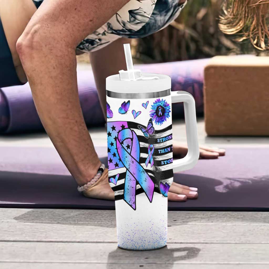 Suicide Prevention Awareness Tumbler With Handle Teal Purple Ribbon Warrior Support USA Flag - Wonder Print Shop