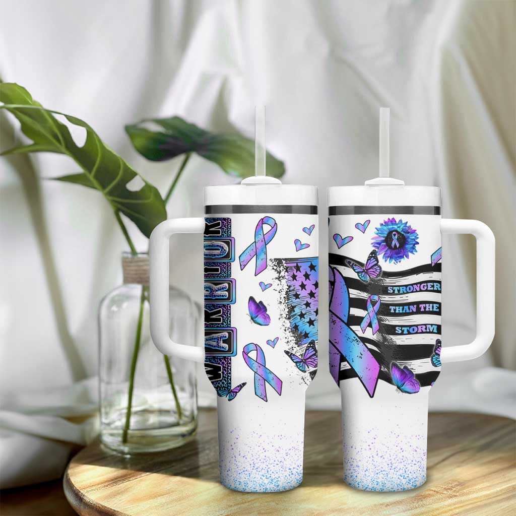Suicide Prevention Awareness Tumbler With Handle Teal Purple Ribbon Warrior Support USA Flag - Wonder Print Shop