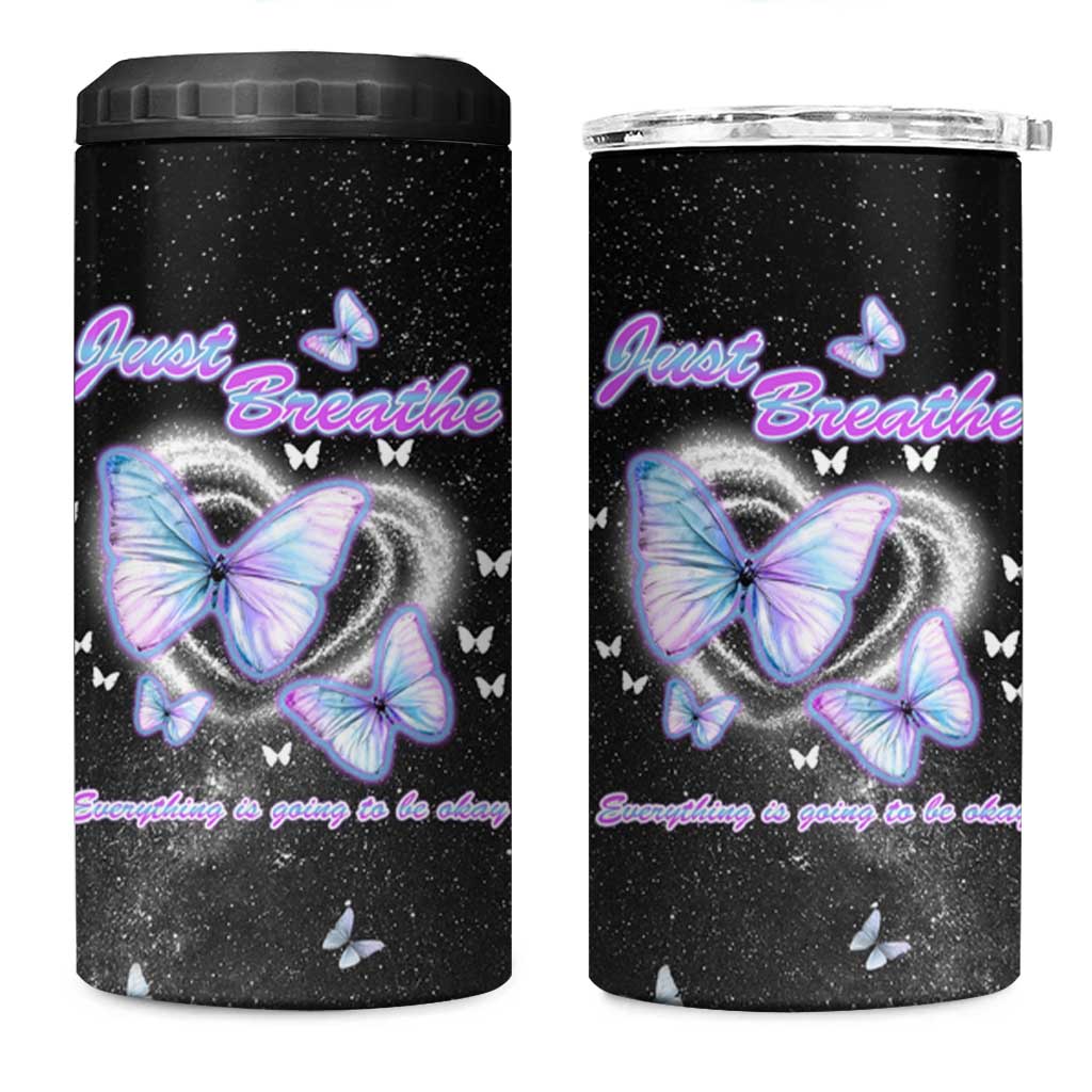Suicide Prevention Awareness 4 in 1 Can Cooler Tumbler Teal Purple Butterfly Just Breathe Everything Is Going To Be Okay - Wonder Print Shop