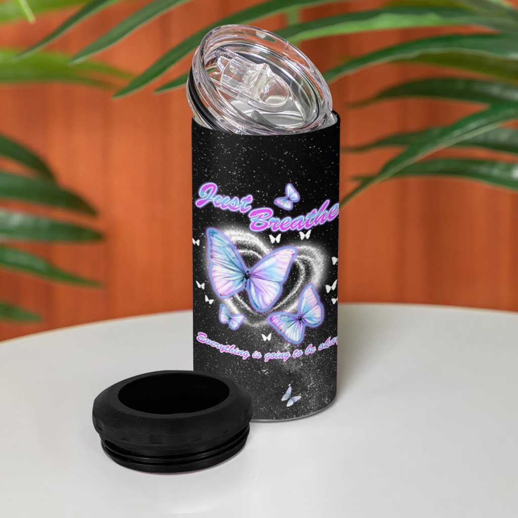 Suicide Prevention Awareness 4 in 1 Can Cooler Tumbler Teal Purple Butterfly Just Breathe Everything Is Going To Be Okay - Wonder Print Shop