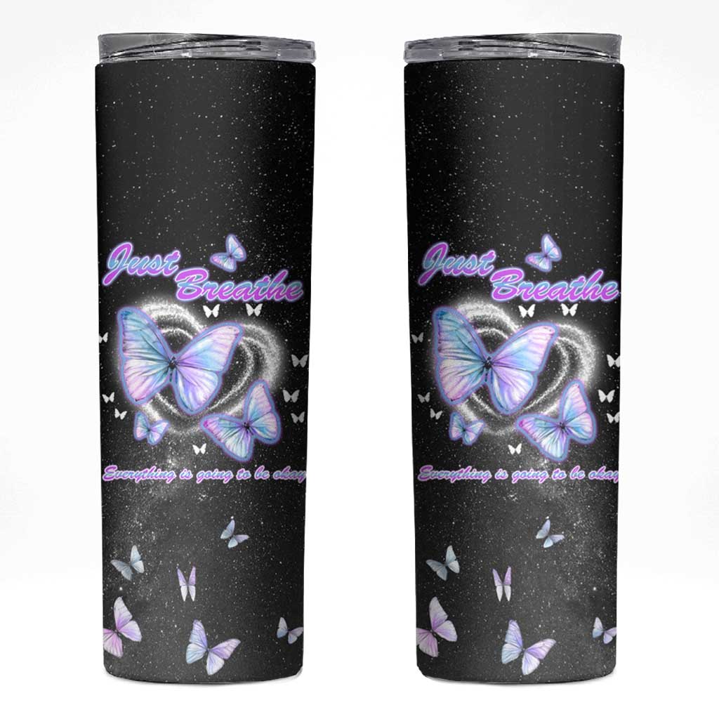 Suicide Prevention Awareness Skinny Tumbler Teal Purple Butterfly Just Breathe Everything Is Going To Be Okay - Wonder Print Shop