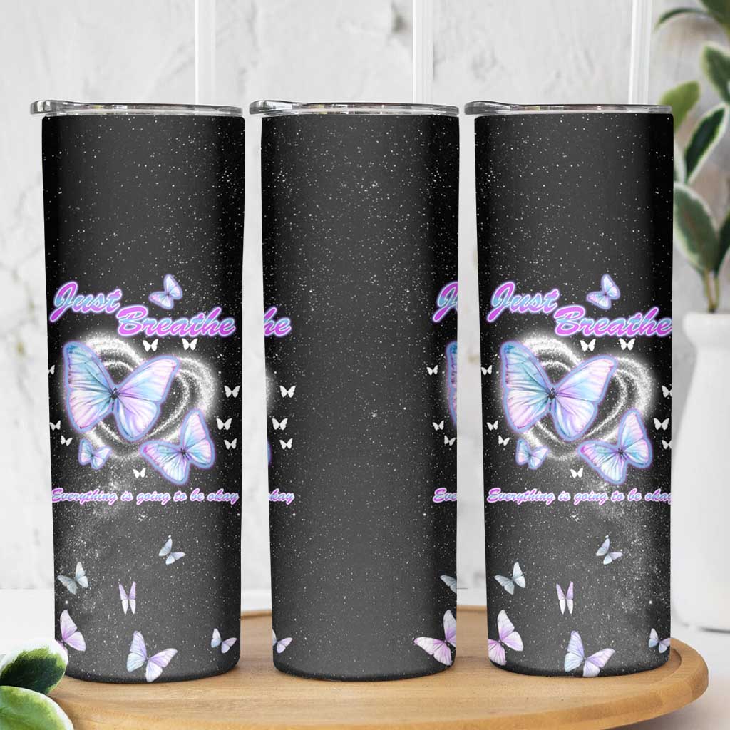 Suicide Prevention Awareness Skinny Tumbler Teal Purple Butterfly Just Breathe Everything Is Going To Be Okay - Wonder Print Shop