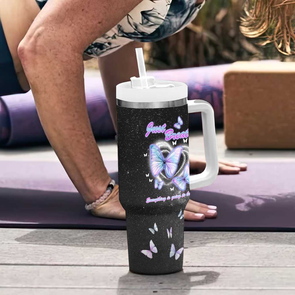Suicide Prevention Awareness Tumbler With Handle Teal Purple Butterfly Just Breathe Everything Is Going To Be Okay - Wonder Print Shop