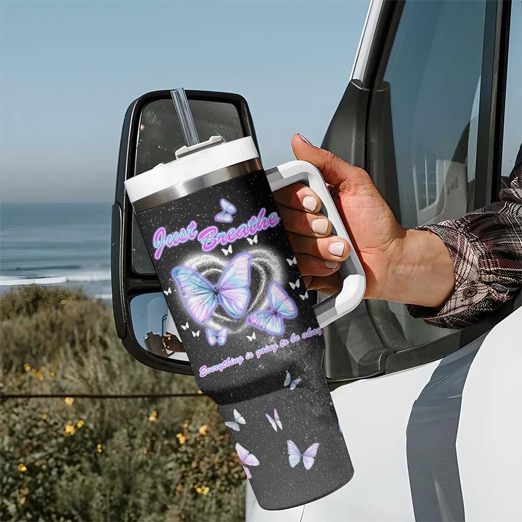 Suicide Prevention Awareness Tumbler With Handle Teal Purple Butterfly Just Breathe Everything Is Going To Be Okay - Wonder Print Shop