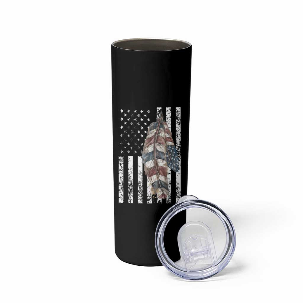 Native American Culture Skinny Tumbler Strong Indigenous Women Feathers USA Flag - Wonder Print Shop
