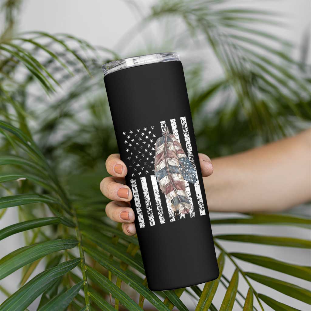Native American Culture Skinny Tumbler Strong Indigenous Women Feathers USA Flag - Wonder Print Shop