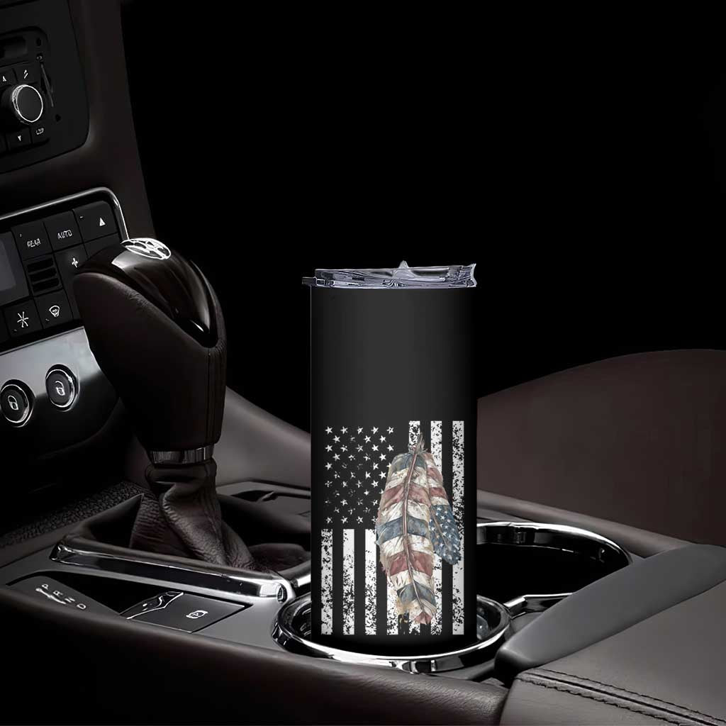 Native American Culture Skinny Tumbler Strong Indigenous Women Feathers USA Flag - Wonder Print Shop