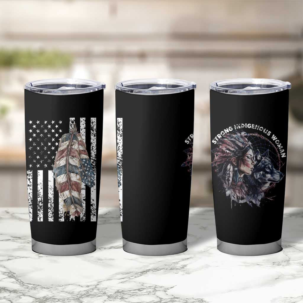 Native American Culture Tumbler Cup Strong Indigenous Women Feathers USA Flag - Wonder Print Shop