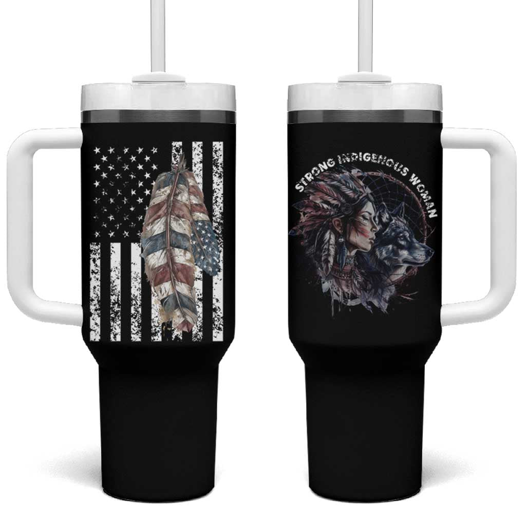 Native American Culture Tumbler With Handle Strong Indigenous Women Feathers USA Flag - Wonder Print Shop