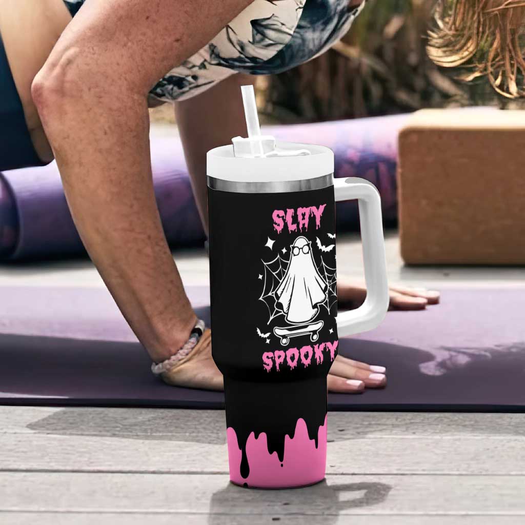 Halloween Ghost Slay Spooky Face Tumbler With Handle Pink Ghosts Funny Decoration Horror Gift - Wonder Print Shop