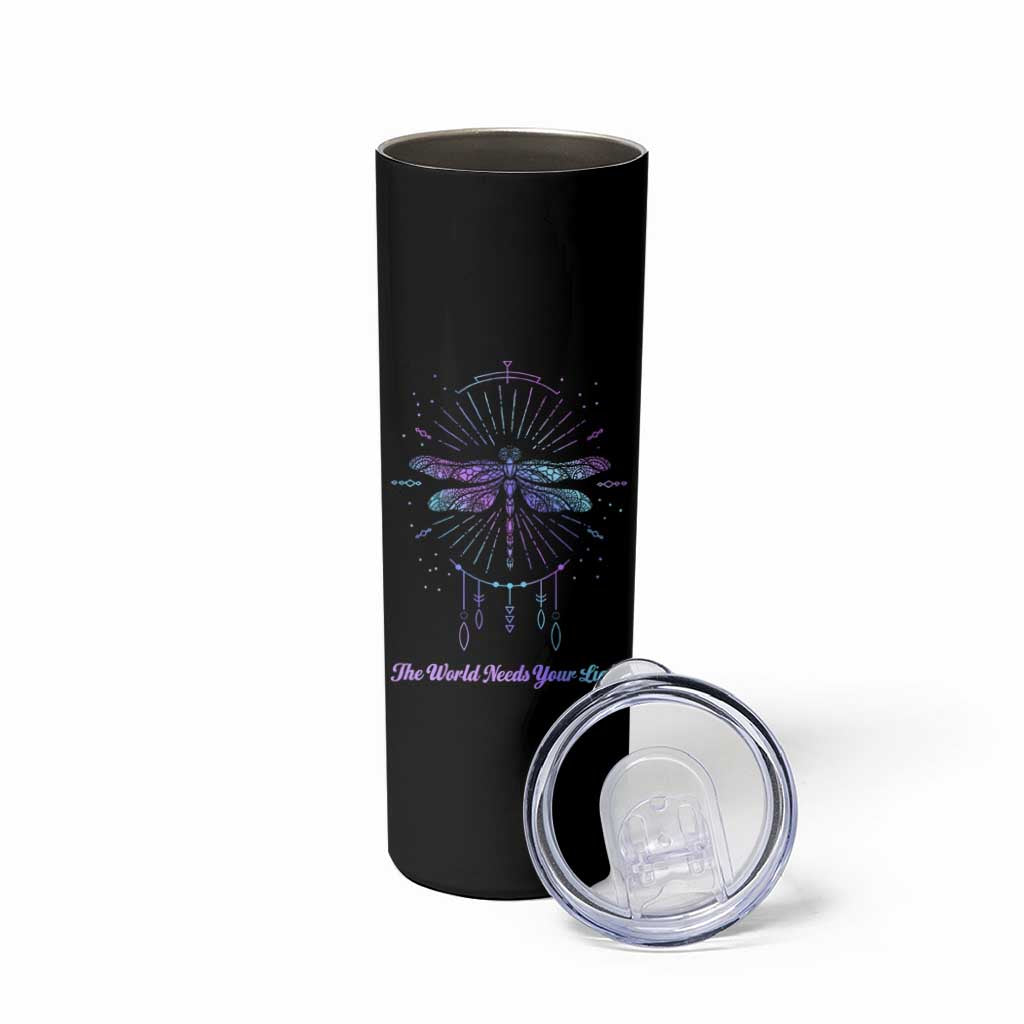 Suicide Prevention Awareness Skinny Tumbler Teal Purple Dragonfly The World Needs You Light - Wonder Print Shop