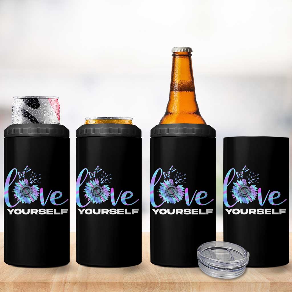 Suicide Prevention Awareness 4 in 1 Can Cooler Tumbler Teal Purple Sunflower Self-Love Mental Health Positive - Wonder Print Shop