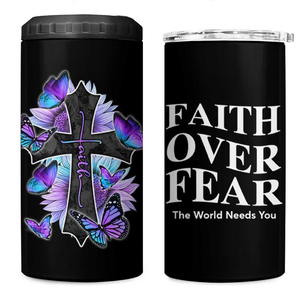 Suicide Prevention Awareness 4 in 1 Can Cooler Tumbler Teal Purple Cross Faith Over Fear Christian - Wonder Print Shop