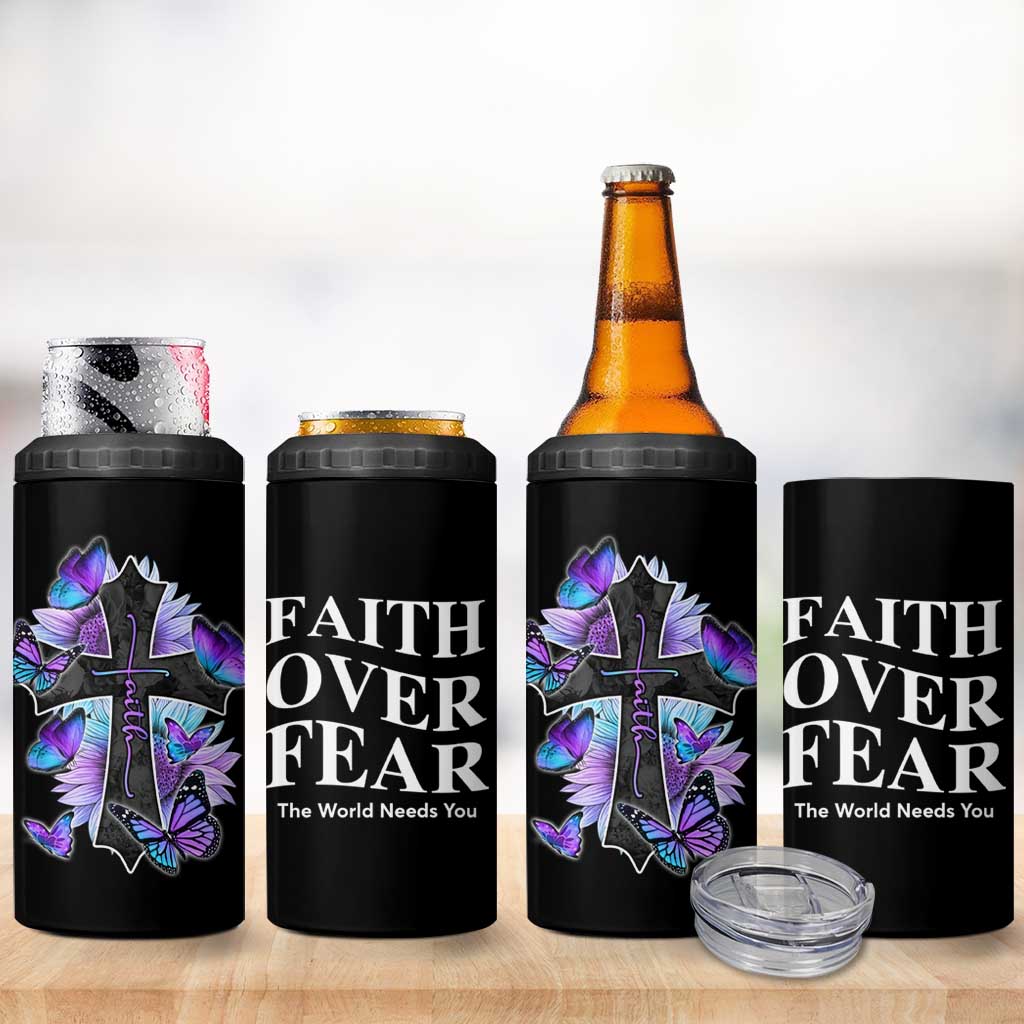 Suicide Prevention Awareness 4 in 1 Can Cooler Tumbler Teal Purple Cross Faith Over Fear Christian - Wonder Print Shop