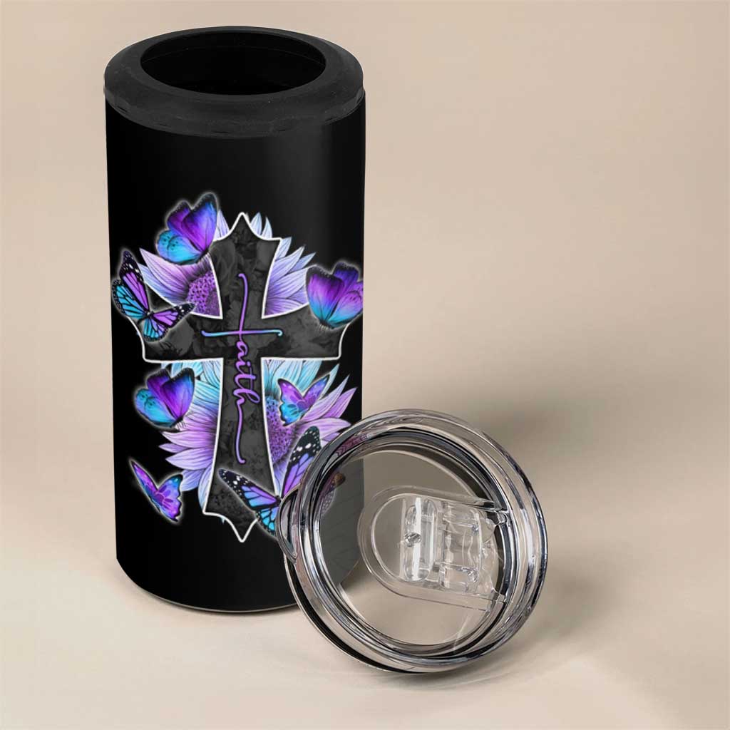 Suicide Prevention Awareness 4 in 1 Can Cooler Tumbler Teal Purple Cross Faith Over Fear Christian - Wonder Print Shop