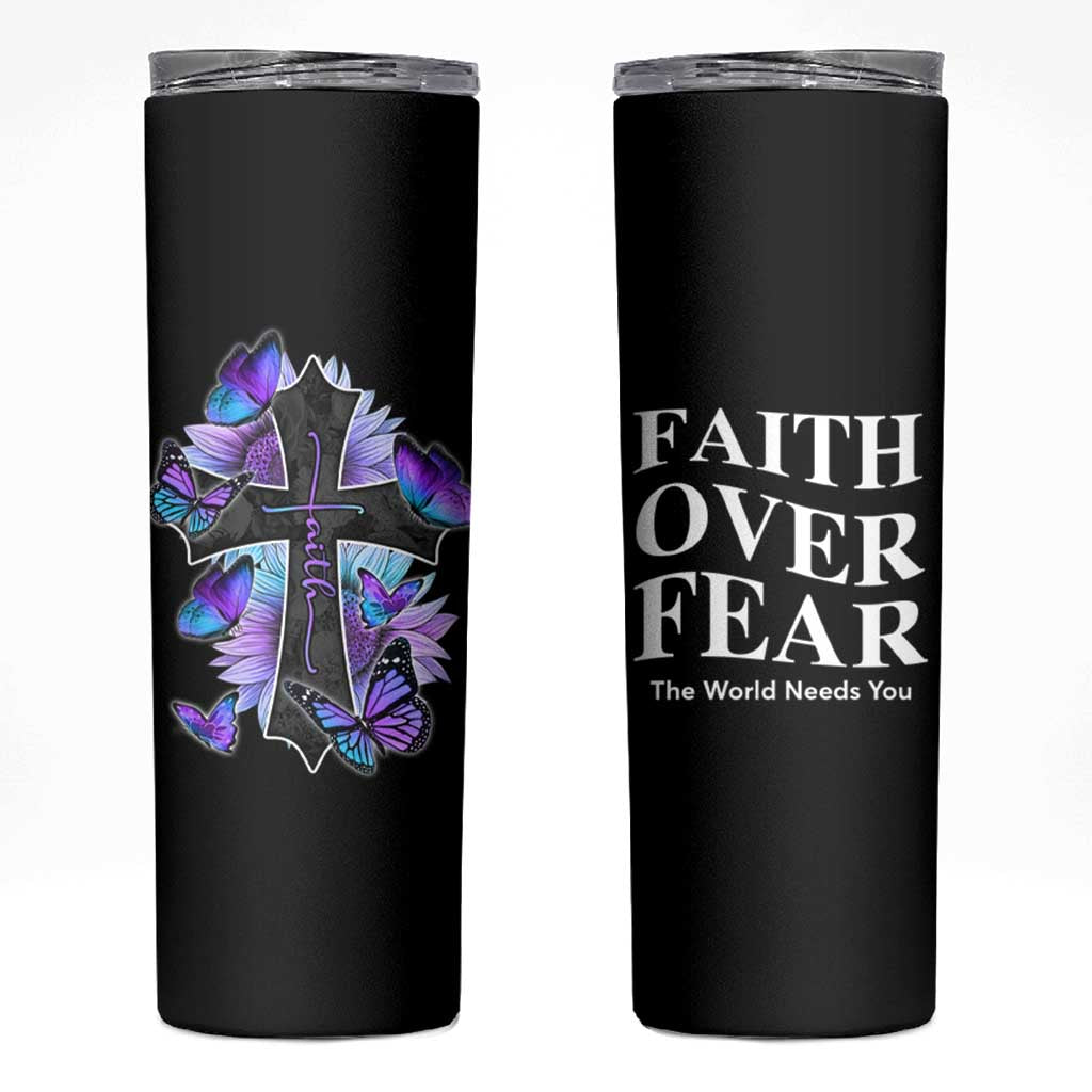 Suicide Prevention Awareness Skinny Tumbler Teal Purple Cross Faith Over Fear Christian - Wonder Print Shop