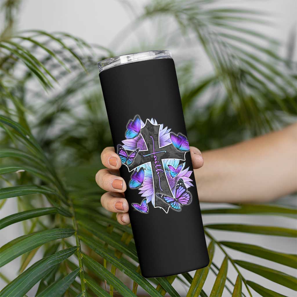 Suicide Prevention Awareness Skinny Tumbler Teal Purple Cross Faith Over Fear Christian - Wonder Print Shop