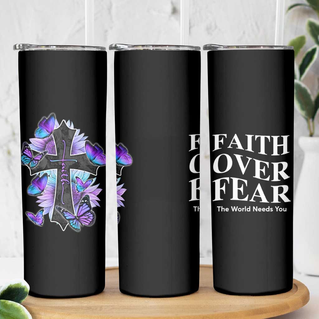 Suicide Prevention Awareness Skinny Tumbler Teal Purple Cross Faith Over Fear Christian - Wonder Print Shop