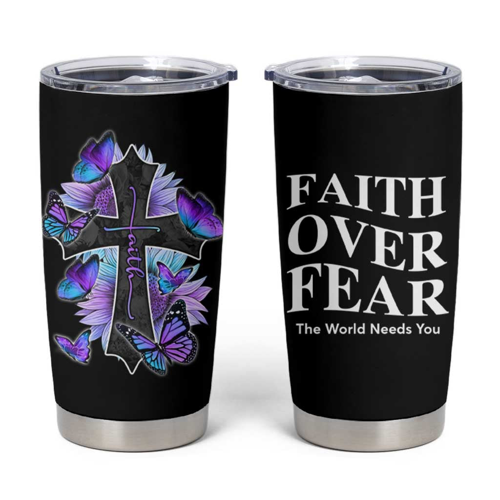 Suicide Prevention Awareness Tumbler Cup Teal Purple Cross Faith Over Fear Christian - Wonder Print Shop