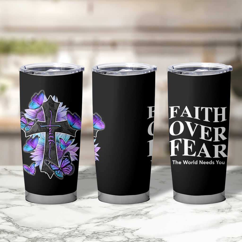 Suicide Prevention Awareness Tumbler Cup Teal Purple Cross Faith Over Fear Christian - Wonder Print Shop