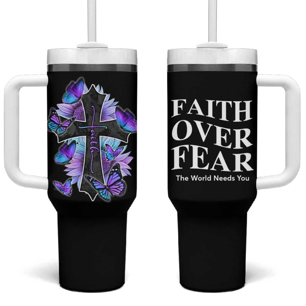 Suicide Prevention Awareness Tumbler With Handle Teal Purple Cross Faith Over Fear Christian - Wonder Print Shop