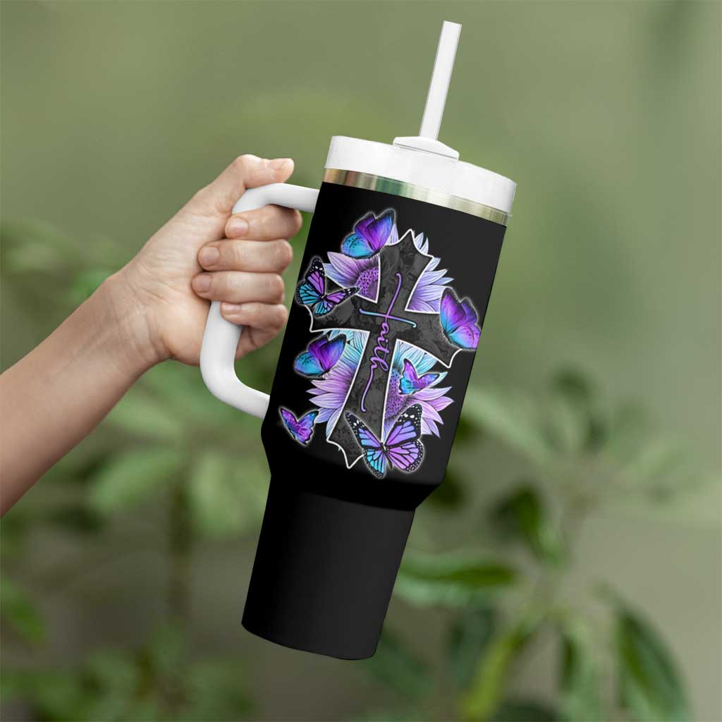 Suicide Prevention Awareness Tumbler With Handle Teal Purple Cross Faith Over Fear Christian - Wonder Print Shop