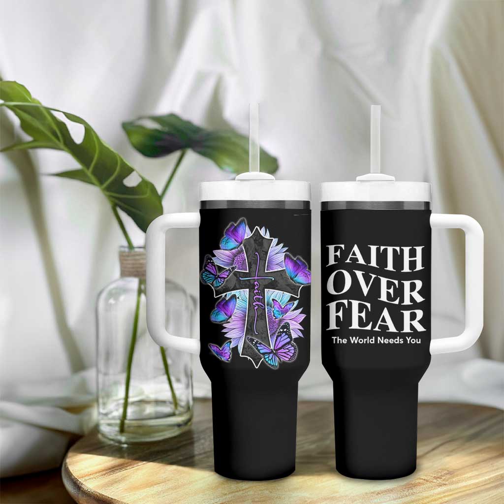 Suicide Prevention Awareness Tumbler With Handle Teal Purple Cross Faith Over Fear Christian - Wonder Print Shop