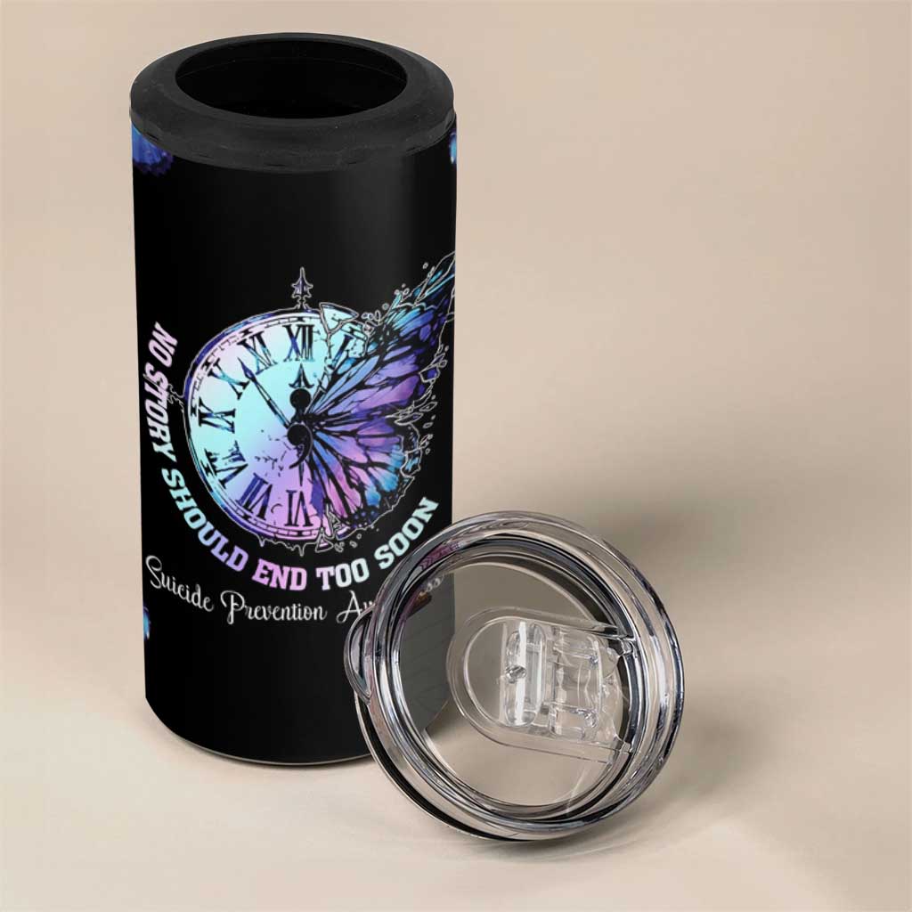 Suicide Prevention Awareness 4 in 1 Can Cooler Tumbler Teal Purple Butterfly No Story Should End Too Soon - Wonder Print Shop
