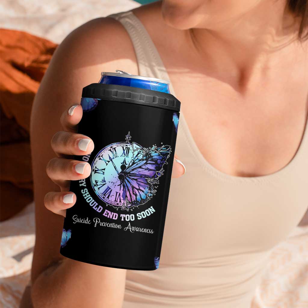 Suicide Prevention Awareness 4 in 1 Can Cooler Tumbler Teal Purple Butterfly No Story Should End Too Soon - Wonder Print Shop