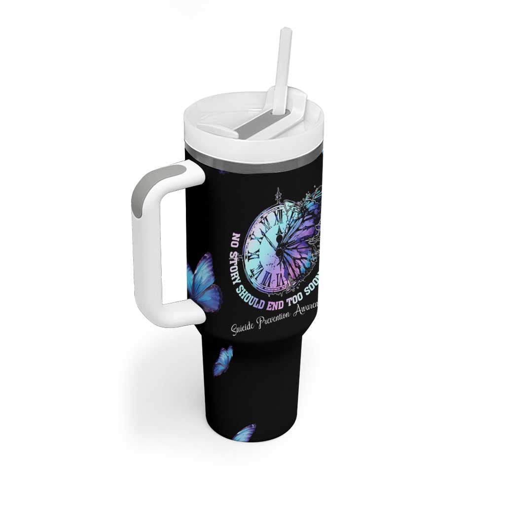 Suicide Prevention Awareness Tumbler With Handle Teal Purple Butterfly No Story Should End Too Soon - Wonder Print Shop