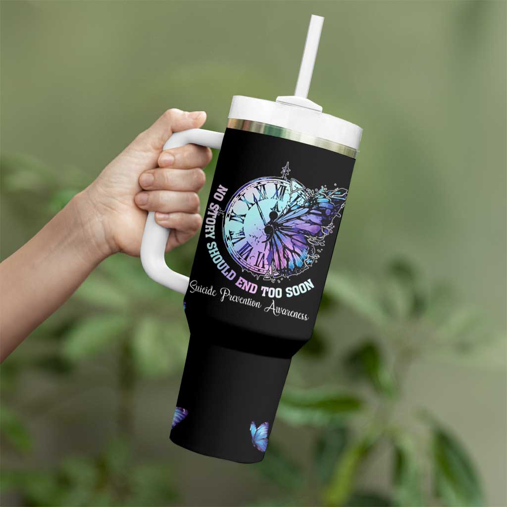 Suicide Prevention Awareness Tumbler With Handle Teal Purple Butterfly No Story Should End Too Soon - Wonder Print Shop