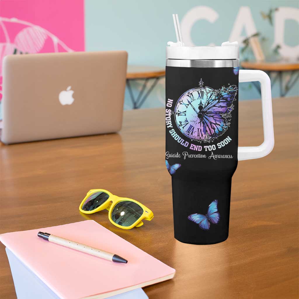 Suicide Prevention Awareness Tumbler With Handle Teal Purple Butterfly No Story Should End Too Soon - Wonder Print Shop
